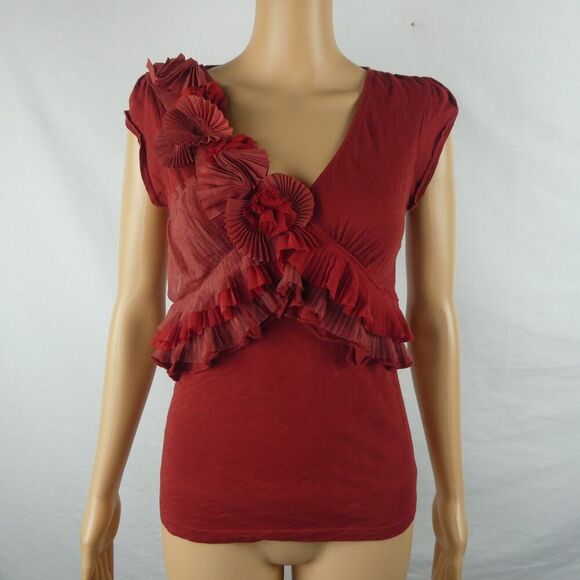 Deletta Anthropologie Cap Sleeve Tulle Ruffle Pleated Rosette Blouse Red Top XS - Picture 1 of 12
